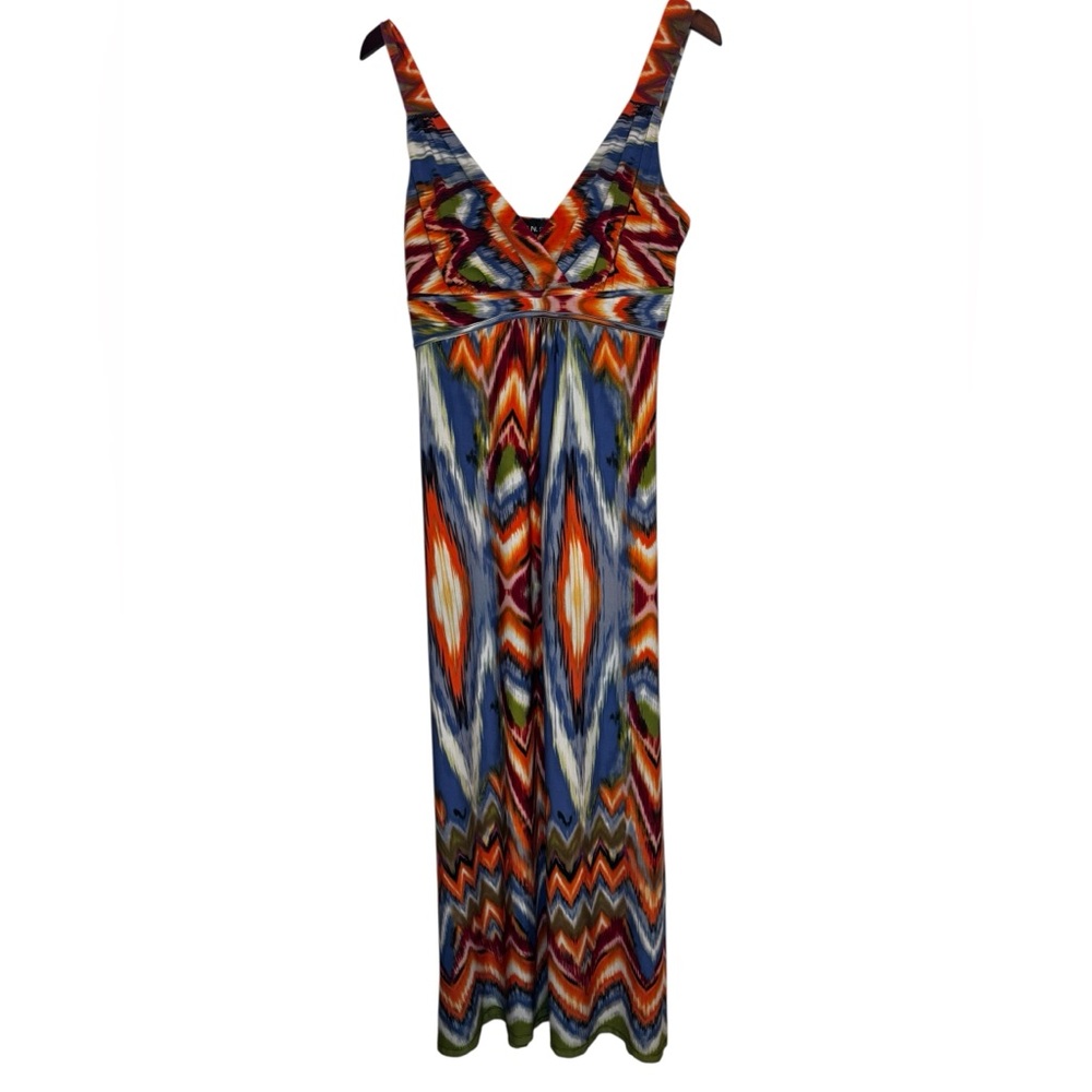 I.N. Studio Multicolor Ikat V-Neck Maxi Dress in Blue and Orange